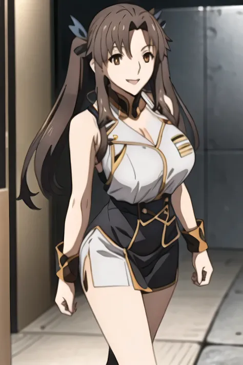 dark-haired woman with twin tails ,smiling Yang,Military uniform、draw a slim woman with sleeveless sleeves and a big bust,for women in blue and white、 with big breasts、軽量のMilitary uniformスリムな女性を描いてください {X},、Miniskirt,wear thigh-high stockings on both leg...