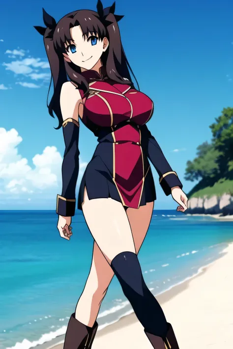 Dark-haired woman with twin tails and hair ornaments,,smiling Yang,Military uniform、draw a slim woman with sleeveless sleeves and a big bust,for women in blue and white、 with big breasts、軽量のMilitary uniformスリムな女性を描いてください {X},、Miniskirt,wear thigh-high stoc...