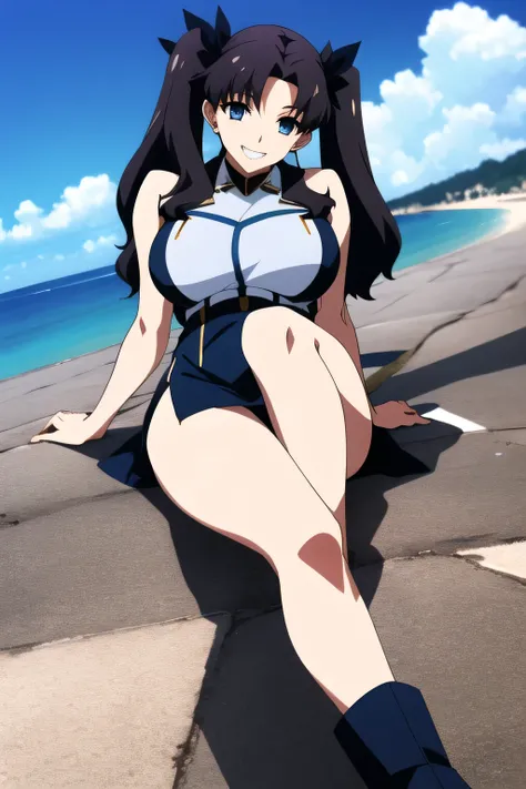 Dark-haired woman with twin tails and hair ornaments,,smiling Yang,Military uniform、teeth、I'm drawing a slim woman with sleeveless sleeves and a large bust,for women in blue and white、 with big breasts、軽量のMilitary uniformスリムな女性を描いてください {X},、Miniskirt,wear ...