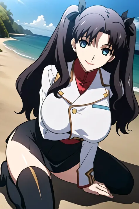 Woman with twin tails with black hair、wearing hair ornaments on her twin tails,,smiling Yang,Military uniform、draw a slim woman with sleeveless sleeves and a big bust,for women in blue and white、 with big breasts、軽量のMilitary uniformスリムな女性を描いてください {X},、Mini...