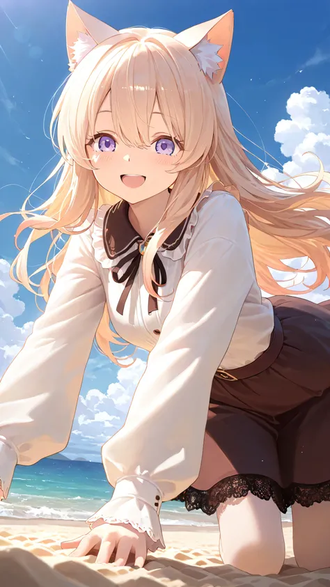 1 girl, Cat ear girl,Long hair ,skirt,Lace,Smile,Open mouth smile,happy,outdoor,blue sky and white clouds,beach,seaside, ray tracing, best lighting , cinematic composition, Pretty faces ,Best Quality, Very beautiful, super high resolution, best quality, ...