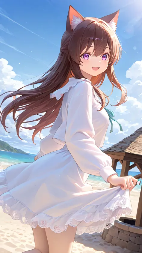 1 girl, Cat ear girl,Long hair ,skirt,Lace,Smile,Open mouth smile,happy,outdoor,blue sky and white clouds,beach,seaside, ray tracing,  best lighting , cinematic composition,  Pretty faces ,Best Quality, Very beautiful, super high resolution, best quality, ...