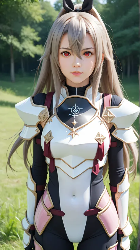 1girl, solo,eydish,red eyes,gray hair,(long hair:1.4),outdoors,potrait,medium breast,forest,front view,standing on grass field,grass field background,looking at viewer,hair between eyes,bodysuit,bare shoulders, black glove,pink armor,close up, navel, half ...