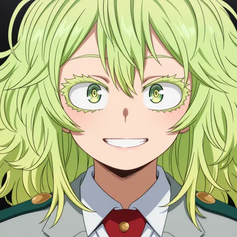masterpiece, best quality, amazing quality, anime screencap, 1girl, solo, long hair, green hair, yellow hair, messy hair, multicolored hair, green eyes, long eyelashes, u.a. school uniform, grey blazer, red necktie, white collared shirt, (face focus), potr...