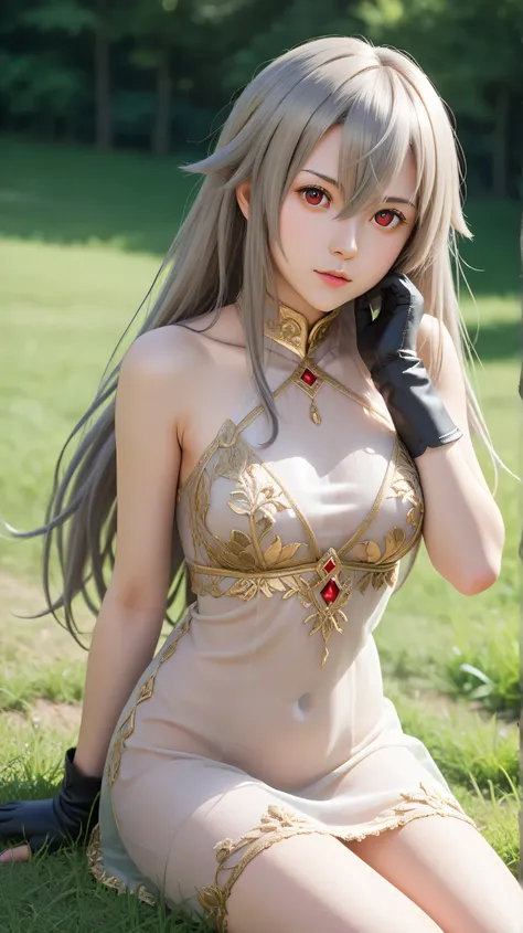 1girl, solo,eydish,red eyes,gray hair,(long hair:1.4),outdoors,potrait,medium breast,forest,front view,sitting on grass field,grass field background,looking at viewer,hair between eyes,bare shoulders, black glove,(gold sheer dress:1.5), close up, navel