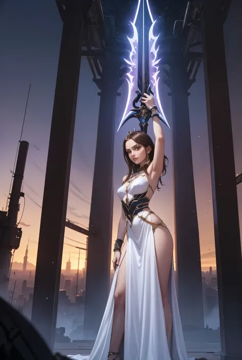 Queen of the Future. A futuristic queen wields the sacred sword in a city suspended among the stars. The world's circuits begin to pulse with new energy.