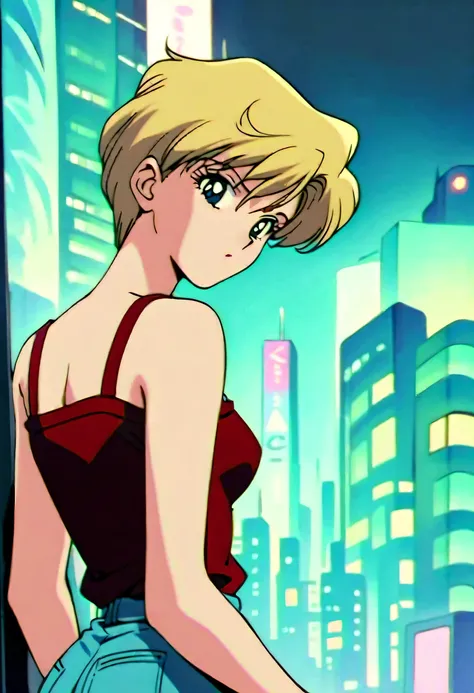 Masterpiece, best quality , very aesthetic, That's ridiculous.,1990s \( style\), 1 girl,Alone, sailor uranus XL,blue eyes, short hair,very  short hair,Blonde,shirt slip , jeans,  pants, medium breasts, Kubby,City lights, Looking Back,