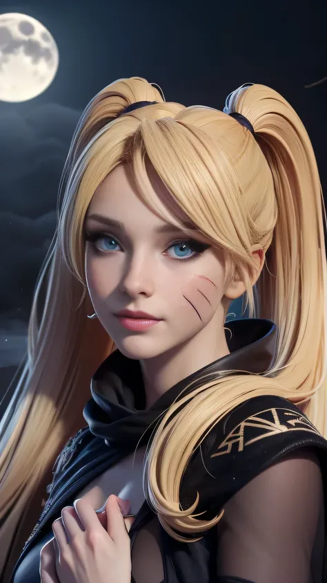 RAW digital art, ultra-realistic 3D render of a stunning woman resembling Naruko from Naruto, ((highly detailed face:1.3)), (flawless skin texture, naruto facial whisker makeup, very very long blonde pigtails, impossibly long hair: 1.2), expressive eyes wi...