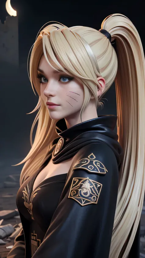 RAW digital art, ultra-realistic 3D render of a stunning woman resembling Naruko from Naruto, ((highly detailed face:1.3)), (flawless skin texture, naruto facial whisker makeup, very very long blonde pigtails, impossibly long hair: 1.2), expressive eyes wi...