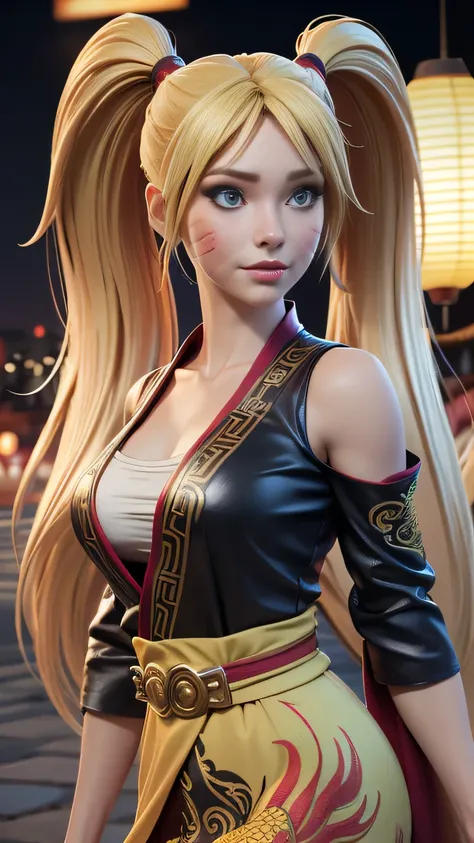 RAW digital art, ultra-realistic 3D render of a stunning woman resembling Naruko from Naruto, ((highly detailed face:1.3)), (flawless skin texture, naruto facial whisker makeup, very very long blonde pigtails, impossibly long hair: 1.2), expressive eyes wi...