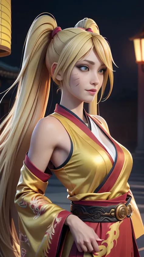 RAW digital art, ultra-realistic 3D render of a stunning woman resembling Naruko from Naruto, ((highly detailed face:1.3)), (flawless skin texture, naruto facial whisker makeup, very very long blonde pigtails, impossibly long hair: 1.2), expressive eyes wi...