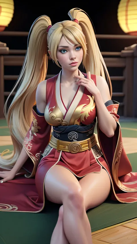 RAW digital art, ultra-realistic 3D render of a stunning woman resembling Naruko from Naruto, ((highly detailed face:1.3)), (flawless skin texture, naruto facial whisker makeup, very very long blonde pigtails, impossibly long hair: 1.2), expressive eyes wi...