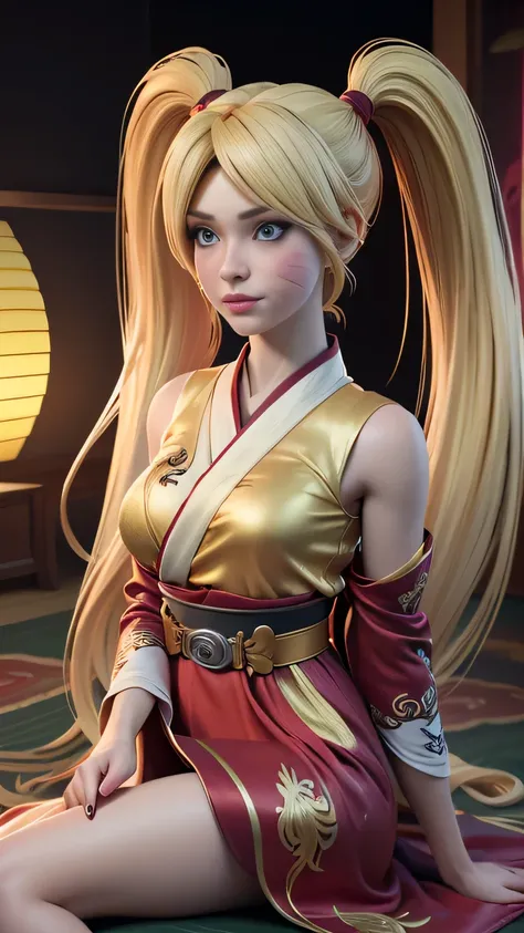 RAW digital art, ultra-realistic 3D render of a stunning woman resembling Naruko from Naruto, ((highly detailed face:1.3)), (flawless skin texture, naruto facial whisker makeup, very very long blonde pigtails, impossibly long hair: 1.2), expressive eyes wi...