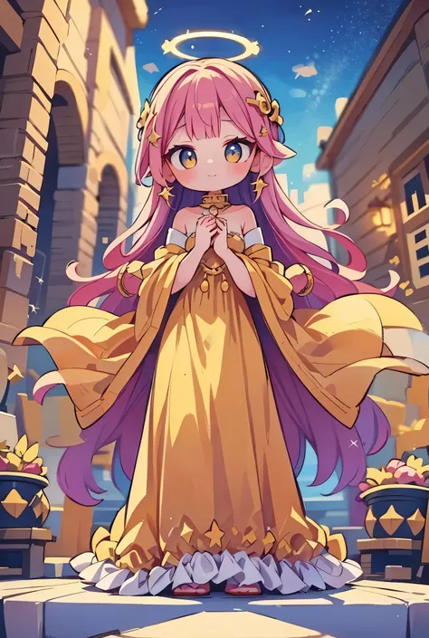 Celestial Diva in Gold, A radiant star steps onto the red carpet in a flowing golden gown that shimmers like stardust. Paparazzi lights reflect off her dress, creating a halo of brilliance.