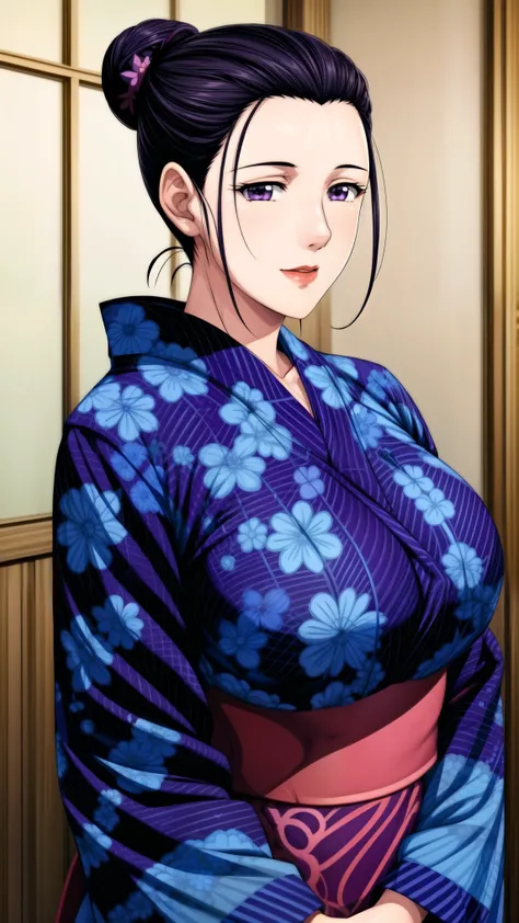 simple background,white background,
purple kimono,floral print,Japanese Clothes,wide sleeve,long sleeve,
Disconnect, 
purple eye, dark haired,Bang,hair bun,
1 girl,young woman,beautiful long legs,beautiful body,
beautiful Nose,beautiful character design, p...