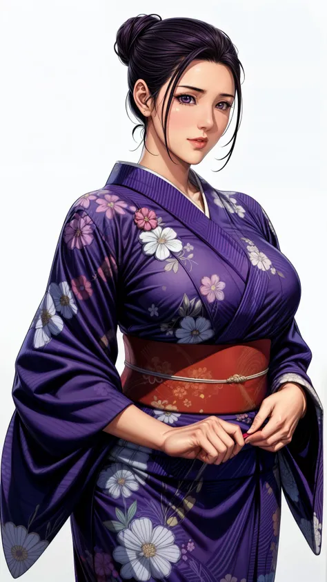 simple background,white background,
purple kimono,floral print,Japanese Clothes,wide sleeve,long sleeve,
Disconnect, 
purple eye, dark haired,Bang,hair bun,
1 girl,young woman,beautiful long legs,beautiful body,
beautiful Nose,beautiful character design, p...