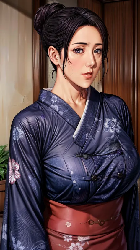 simple background,white background,
purple kimono,floral print,Japanese Clothes,wide sleeve,long sleeve,
Disconnect, 
purple eye, dark haired,Bang,hair bun,
1 girl,young woman,beautiful long legs,beautiful body,
beautiful Nose,beautiful character design, p...