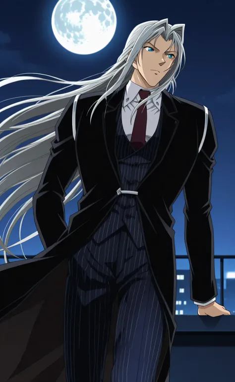 1male,solo,Sephiroth,long hair,silver hair,dark green eyes,grim,black coat,open coat,white shirt,red necktie,navy blue pinstrip vest,blue pinstrip pants,muscle,rooftop,full moon,Detective Conan Style