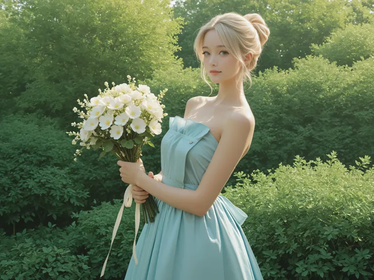 A woman stands elegantly in a garden setting, surrounded by lush greenery and dappled sunlight. She is wearing a striking, strapless blue gown that fits her silhouette snugly, accentuating her shoulders and arms. The satin fabric exudes a subtle shine, ref...