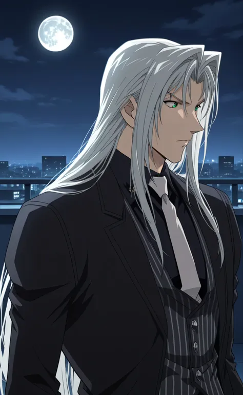 1male,solo,Sephiroth,long hair,silver hair,dark green eyes,grim,black coat,open coat,black shirt,white necktie,grey pinstrip vest,muscle,rooftop,full moon,male focus,Detective Conan Style