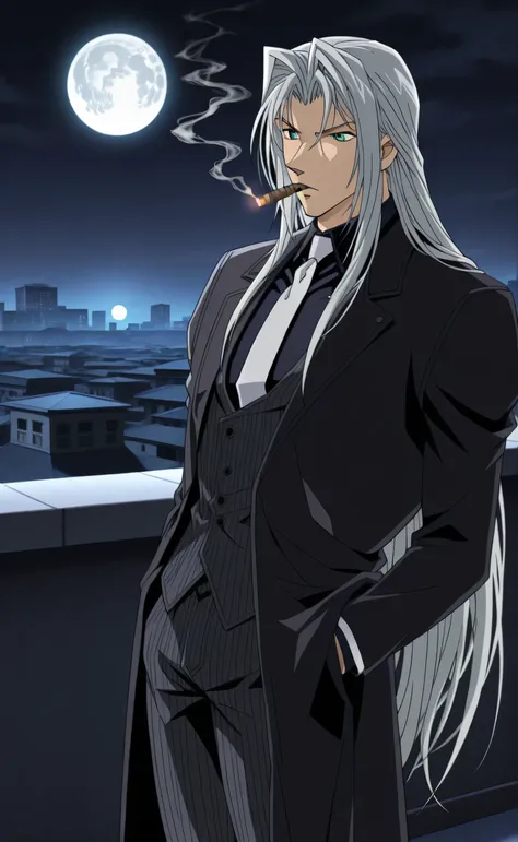 1male,solo,Sephiroth,long hair,silver hair,dark green eyes,grim,black coat,open coat,black shirt,white necktie,grey pinstrip vest,grey pinstrip pants ,cigar,smoking,muscle, rooftop,full moon,male focus,Detective Conan Style