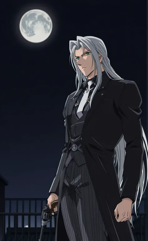1male,solo,Sephiroth,long hair,silver hair,dark green eyes,grim,black coat,open coat,black shirt,white necktie,grey pinstrip vest,grey pinstrip pants,Colt Single Action Army Revolver,muscle, rooftop,full moon,male focus,Detective Conan Style