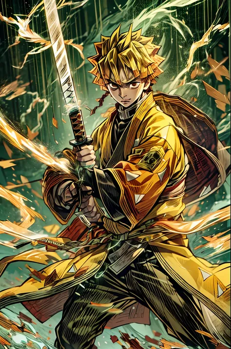 Envision Zenitsu Agatsuma, a character from the world of Demon Slayer, poised to unsheathe his katana, his eyes locked on an unseen adversary, his body leaning slightly forward, dressed in a striking electric yellow robe, the air around him crackling with ...