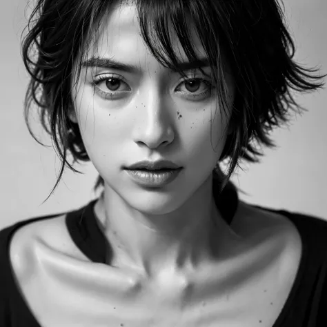 greyscale,monochrome,solo,1boy,male focus,realistic,looking at viewer,messy hair,scar,grey background,upper body,closed mouth,simple background,portrait,scar on face,lips