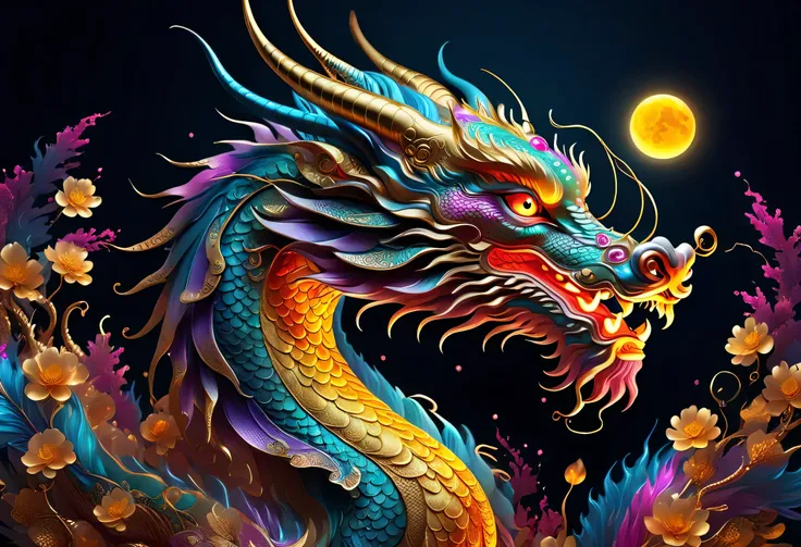 Chinese dragon portrait, (rich and colorful,high detail,vector art)，（Background gold coins heavy rain neon light technology laser）