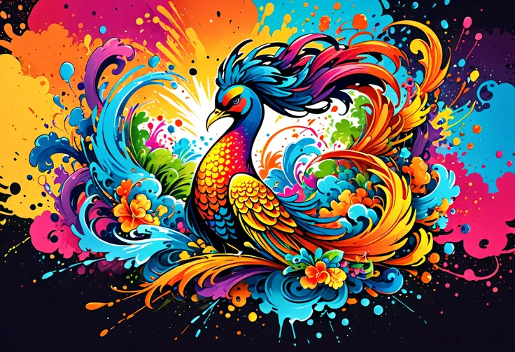 vector art with Colorful illustration with Phoenix, At the center, swirly vibrant colors，graffiti art，ink spatter，UHD quality, details in 16k, Wild and unbridled，ink wink painting，rich and colorful，visual impact,modern aesthetic,Elegant and simple, Hawaii ...