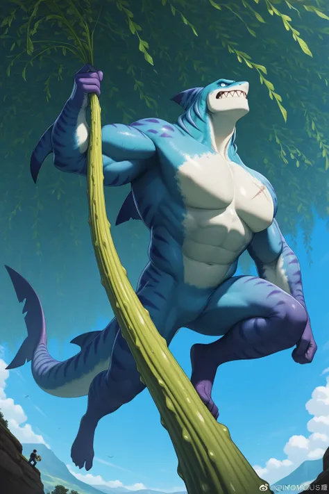 score_9, score_8_up, score_7_up, score_6_up, score_5_up, score_4_up, source_furry,  tentacularrumble, shark, teeth, sharp teeth, gigantic chin, angry expression, muscular body, ginomous biceps, enormous pectorals, bigger blue eyes, long tail, max detail, 4...