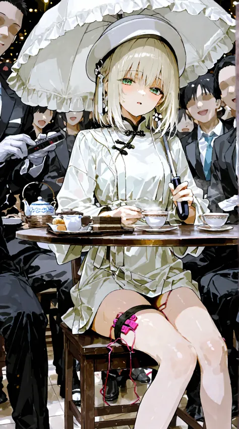 multiple people、Tea Ceremony、neat dress、noble white hat、everyone sitting on chairs、 parasol、tea and sweets on the table、I am the spectator of the stage show、remote vibrate、Intense Orgasms、Amazing squirting