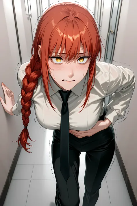 eye_focus, 1girl, solo, red hair, long hair, braided ponytail, sidelocks, yellow eyes, ringed eyes, medium breasts | black necktie, white collared shirt, shirt tucked in, long sleeves, black pants, shoes,
Solo, general, masterpiece, highres, ultra-detaile...
