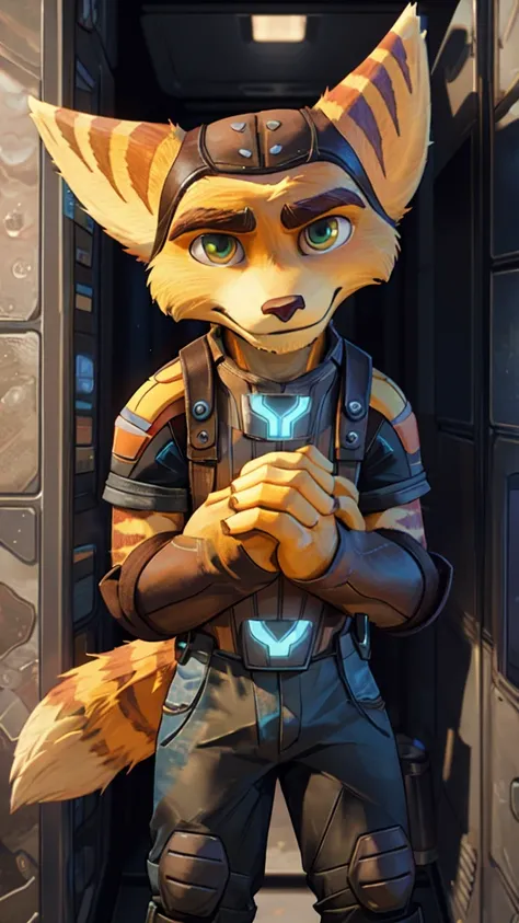  mitrailleuse Thompson, , chargeur de batterie, visée, visée at viewer, tir, fusil, (holding a  with both hands:1.25), CASSER,  ratchet, 1 garçon, Seul, velu, , Ratchet et Clank, Fox PS4 ratchet super kli 8000🦊🤖
