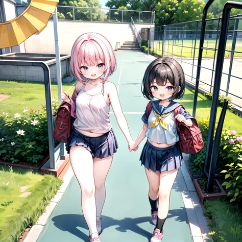 two women, two womenは対称になる,is short,Carrying a school bag,belly button visible,camisole,Miniskirt,bad smile,Laugh like you look down on people,have thick legs,standing, the sun shines ,school playground to run competitively,Photograph from below,female ki...