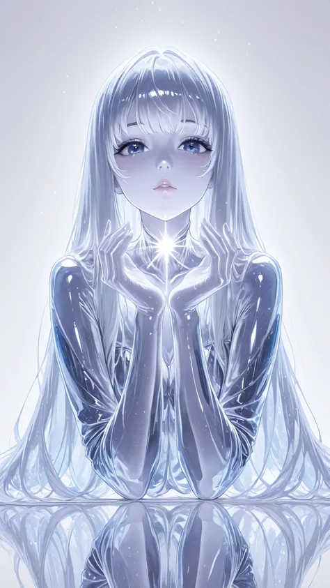 masterpiece, Highest Quality, 1girl、Glass Girl, long hair, Clear Skin, Beautiful World, cute, Thinning, reflection of light, clear texture, anime style, high resolution, Super Detailed、various poses