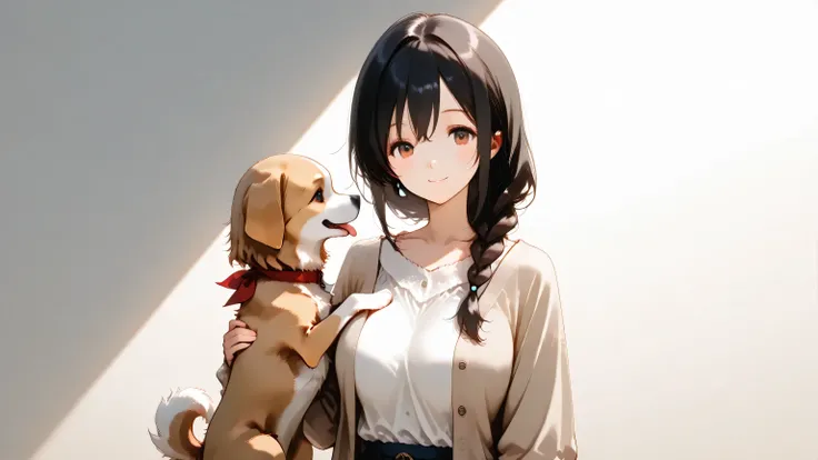 Mom and dog、crouch and cuddle