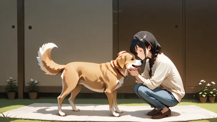 Mom and dog、crouch and cuddle