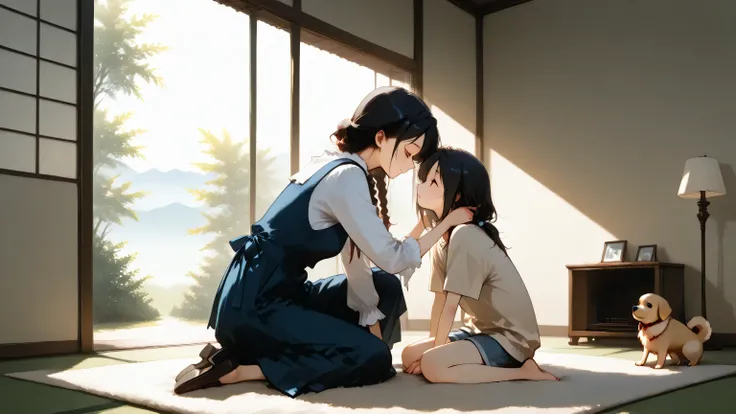 Mom and dog、crouch and cuddle