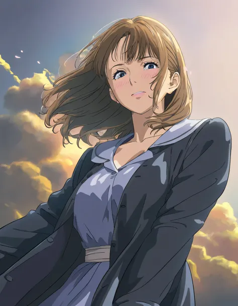 super real、8K、1 girl、from below、is embarrassed、masterpiece、Highest Quality、uncensored、hair and clothes fluttering in the wind、Fantastic Ghibli Style Atmosphere、pastel colors、Magical Atmosphere、Photorealistic Textures、cinematic lighting、Emotional and beauti...