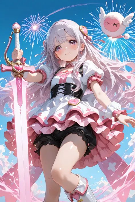 ((Magical Girl's Sword Stance Pose)):2.0, ((Light Purple Gradient Hair)):1.5, ((elegant hair)):1.5, ((cute face)):1.5, ((short stature, down age, kawaii)):1.6, 【Poses and Positions】 ((Fantasy Sword)):1.1, ((Fighting Preparation Pose)):1.9, ((dreamy atmosph...