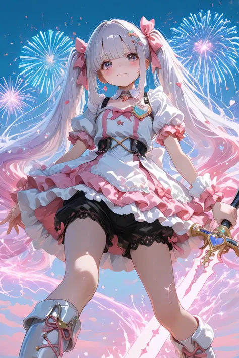 ((Magical Girl's Sword Stance Pose)):2.0, ((Light Purple Gradient Hair)):1.5, ((elegant hair)):1.5, ((cute face)):1.5, ((short stature, down age, kawaii)):1.6, 【Poses and Positions】 ((Fantasy Sword)):1.1, ((Fighting Preparation Pose)):1.9, ((dreamy atmosph...