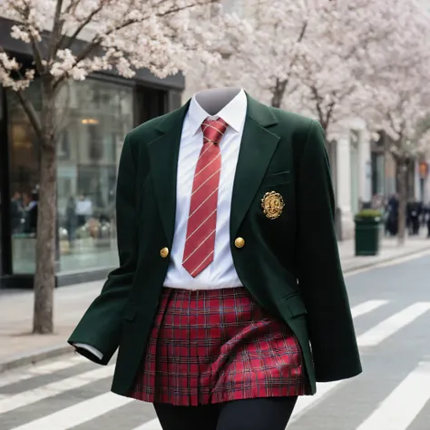 masterpiece, photorealistic, best quality, 8k uhd, natural lighting, sharp focus, (school uniform:1.2), formal blazer with gold buttons, red plaid pleated skirt, crisp white shirt, red necktie, black pantyhose, (cute big breast:1.5), walking on busy urban ...