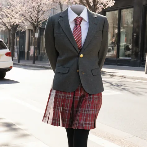 masterpiece, photorealistic, best quality, 8k uhd, natural lighting, sharp focus, (school uniform:1.2), formal blazer with gold buttons, red plaid pleated skirt, crisp white shirt, red necktie, black pantyhose, (cute big breast:1.5), walking on busy urban ...