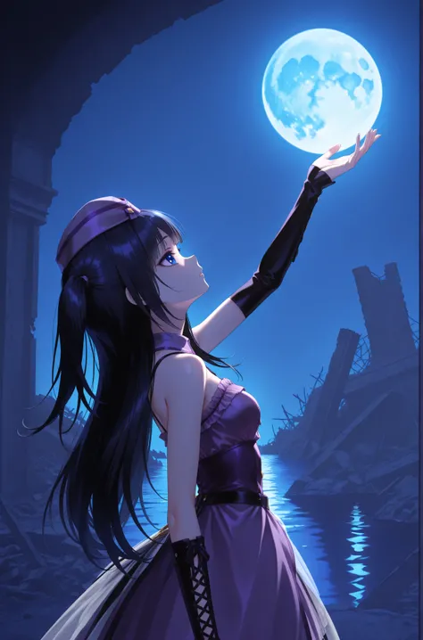 virtual youtuber, aoi_costume5, black hair, long hair, one side up, purple hat,black elbow cover,blue eyes,arm up,in night,blue moon,ruins in sea,lonely,from side,eye focus,