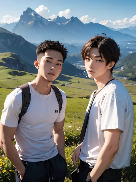 　Two adult men　　　30 years old　　two handsome guys　short hair　dark haired　　　whiteｔshirt　　the two have knee-length shorts and no strings　　Mega Bulge　　The background of two people standing side by side is a beautiful mountain range　no building　　two people side...