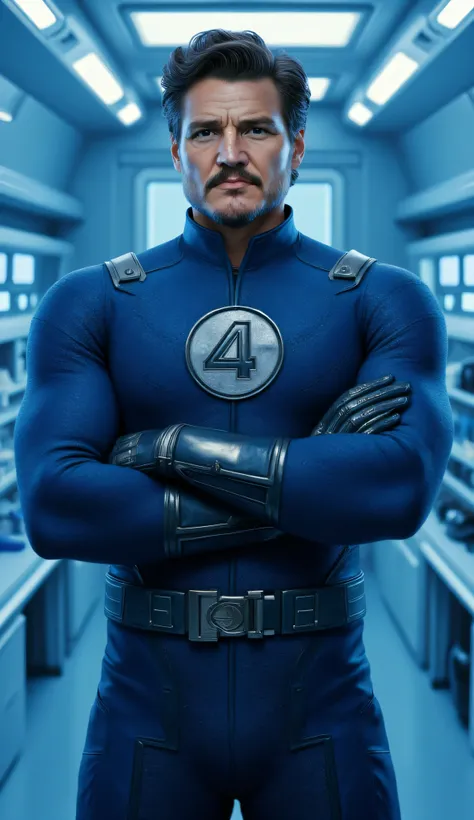 Pedro Pascal as Reed Richards, Fatnastic Four, hyper-realistic, digital painting, heroic man, futuristic superhero suit, stands confidently, arms crossed, wearing blue high-tech uniform with the number "4" emblem on his chest, metallic utility belt, athlet...