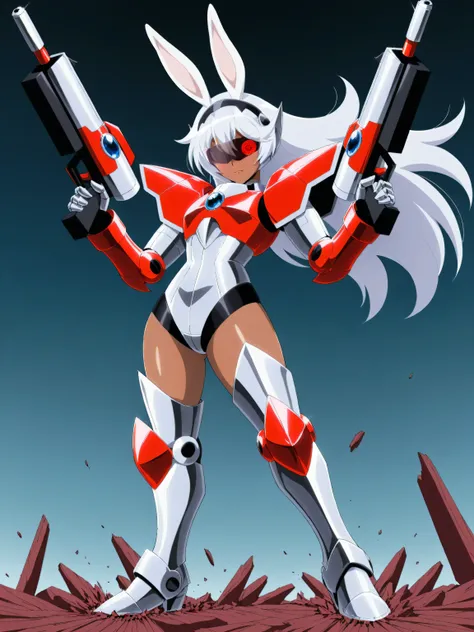 woman, dark skin, long white hair,  white rabbit ears, black visor with red robotic eyes, red eyes, shiny silver armor, holding blaster rifle, silver boots, ,source_anime,BREAK,masterpiece
