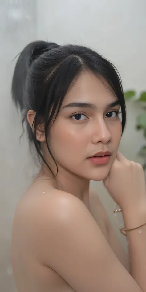 A women, 2, with a indonesian face, a very beautiful serious, she not wearing , and pony tail hair, in a shower, full body pose