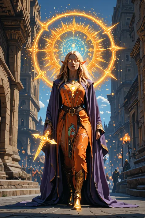 fantasy,elf, pointed ears,elven tattoos,,a picture of a female elf (intense details, Masterpiece, best quality) fantasy cleric, fantasy celestial guardian, armed with a holy symbol, shinning holy symbol, metallic shine, an ultra wide shot, full body (inten...